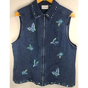Vtg Alfred Dunner Denim Zip Up Vest Sz 12 Butterfly Embroidered Beaded Edge EUC